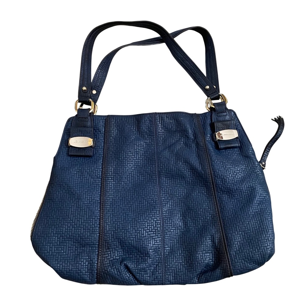 B Makowsky Navy Blue Textured Leather Shoulder Bag Gold Hardware‎ Tote